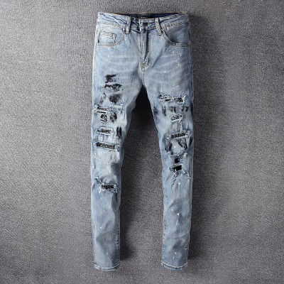 AMIRI Skinny Blue Crystal Distressed Jeans